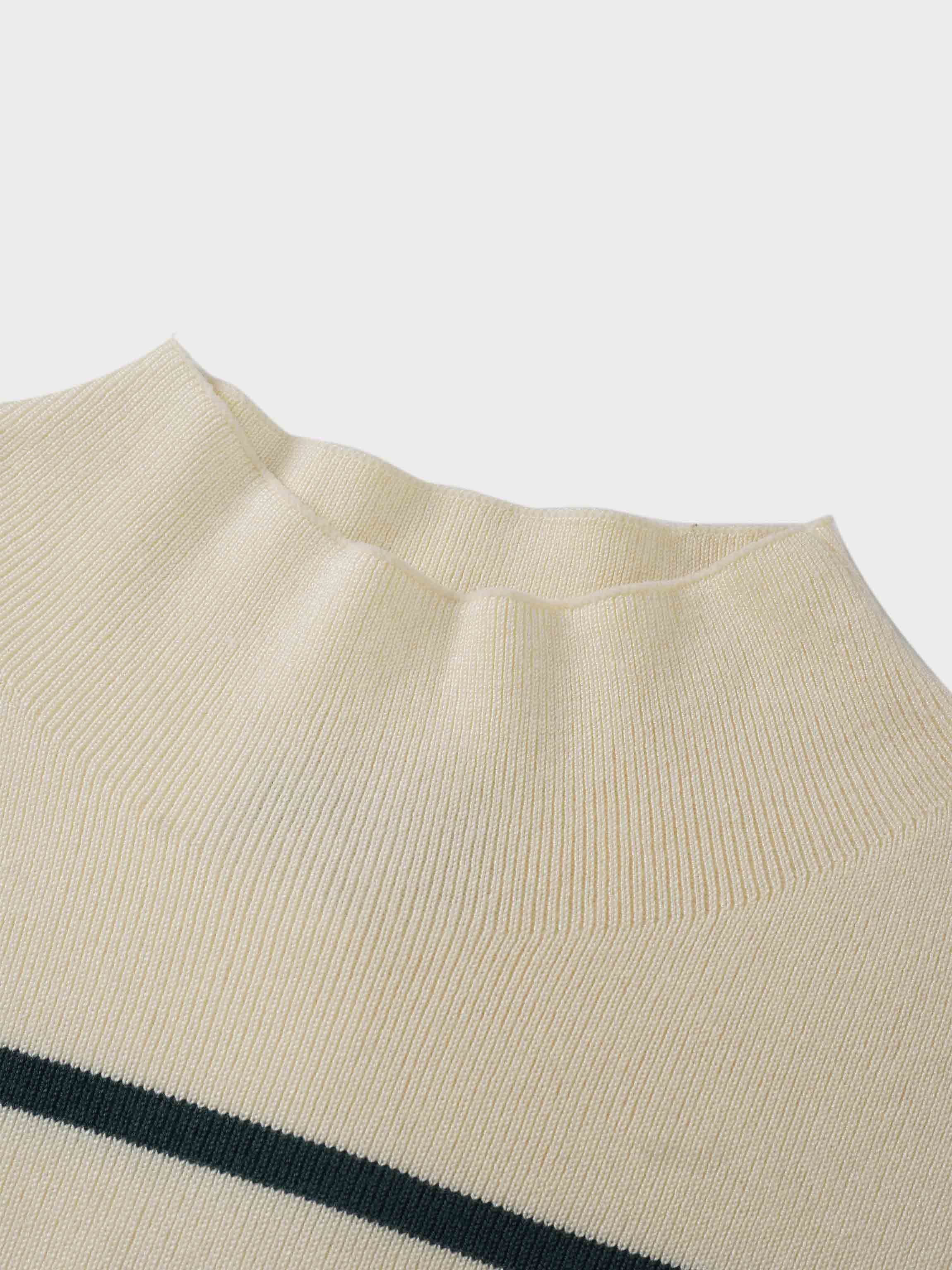 Mock Neck Thin Knit Sweater-Cream/Green-2