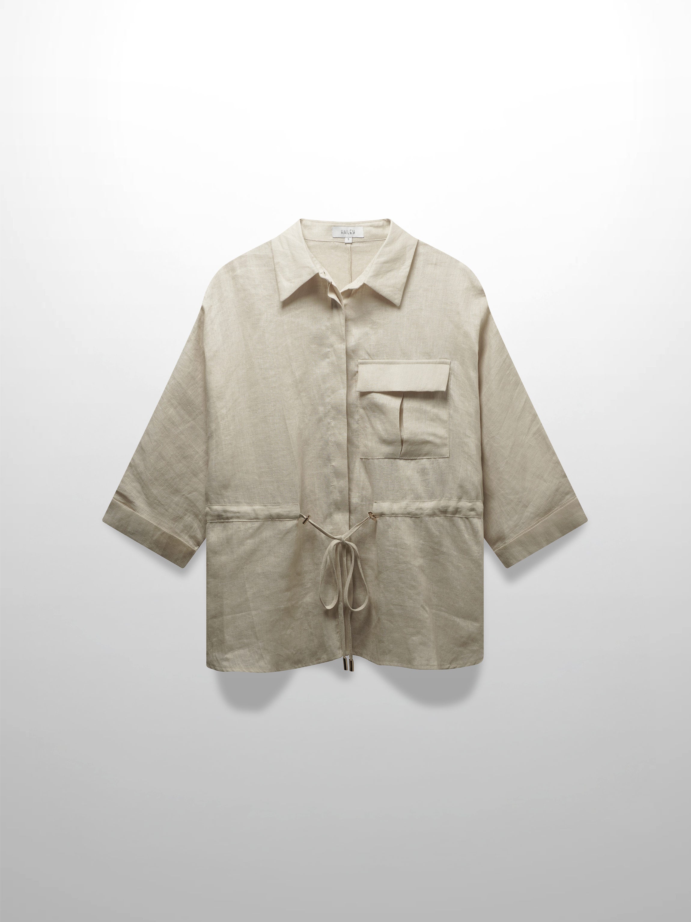 Drawstring Button Down Linen Top-Ecru-0