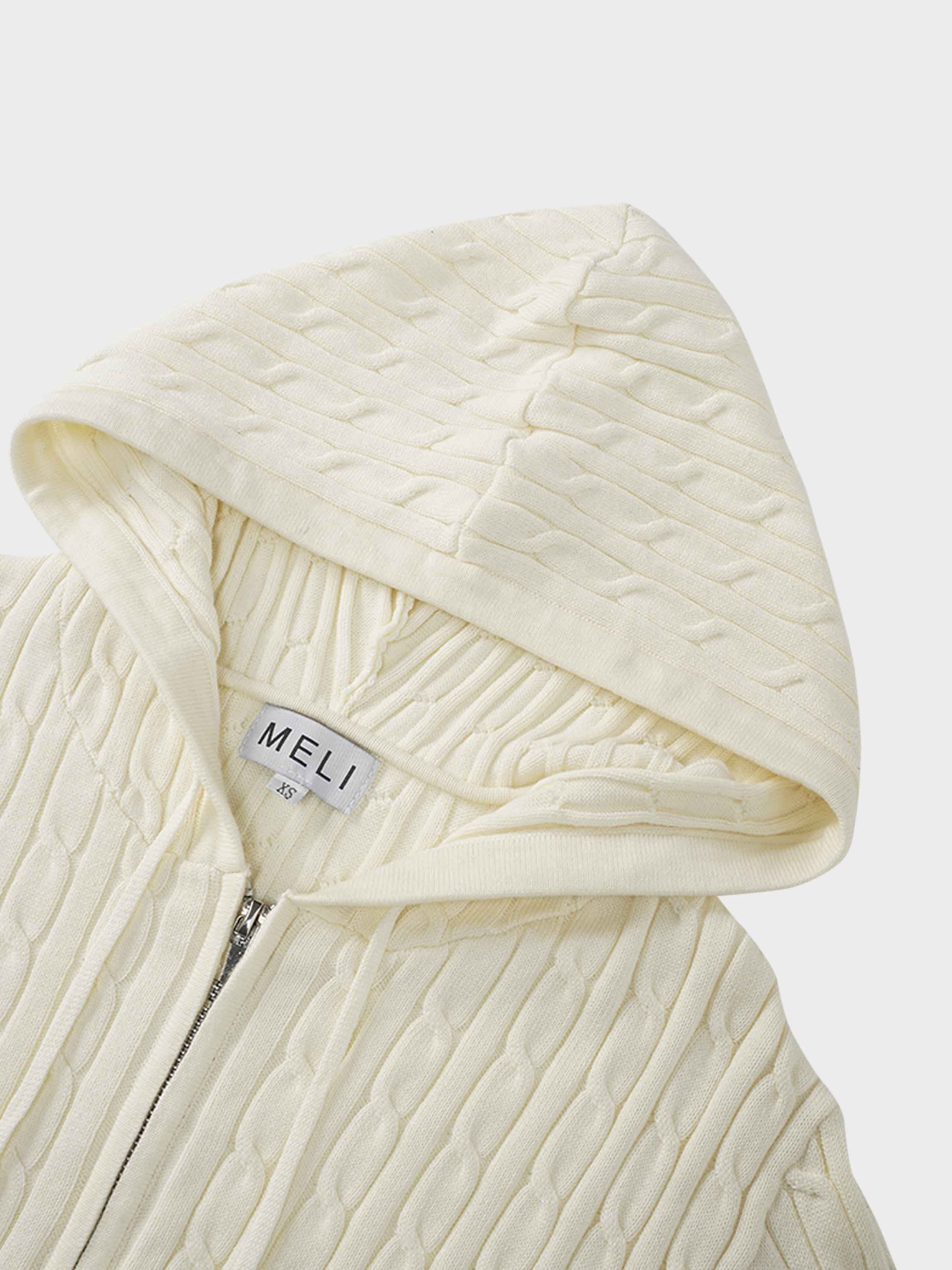 Zip Up Cable Hoodie-Cream-2
