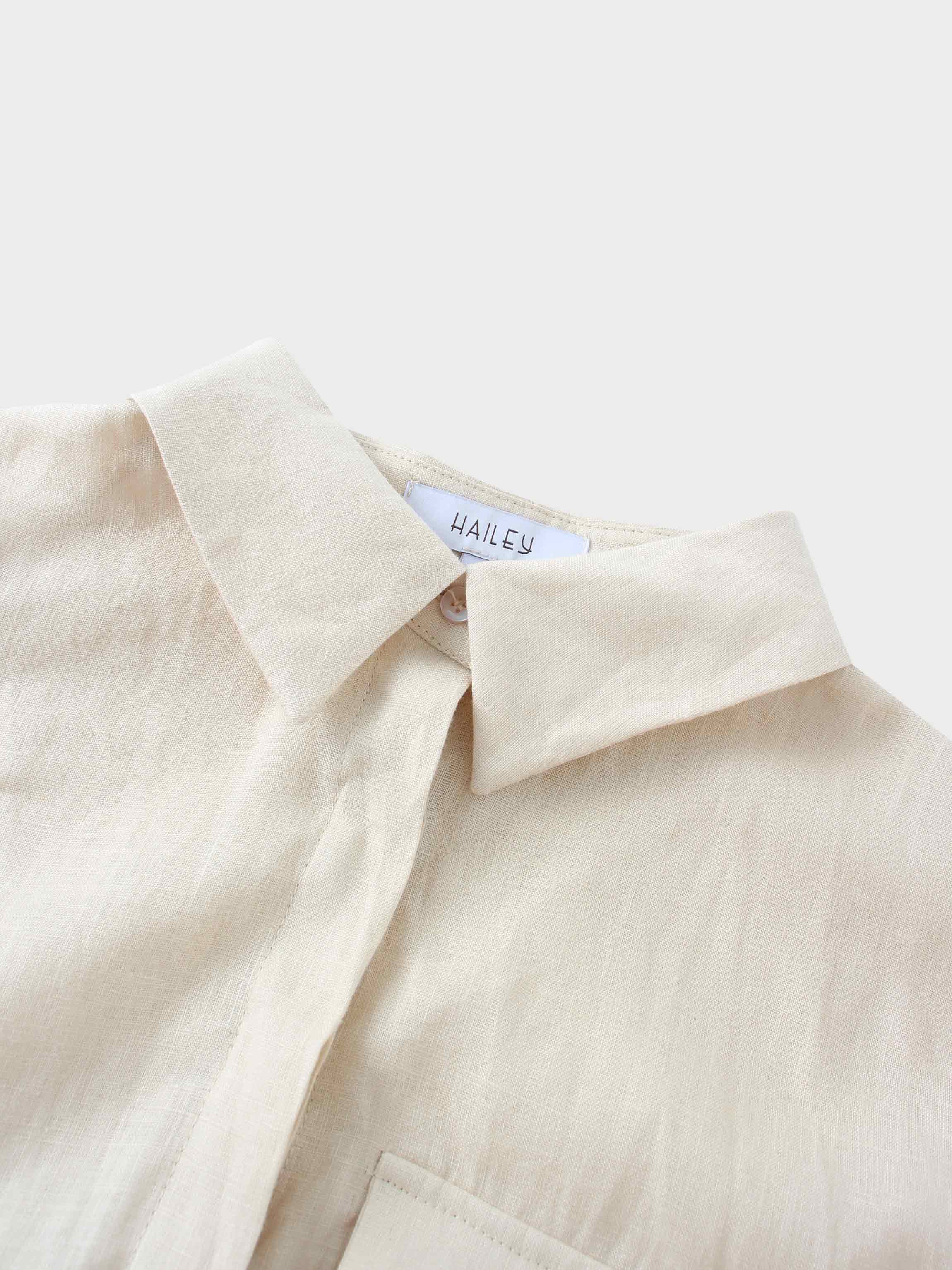 Drawstring Button Down Linen Top-Ecru-2