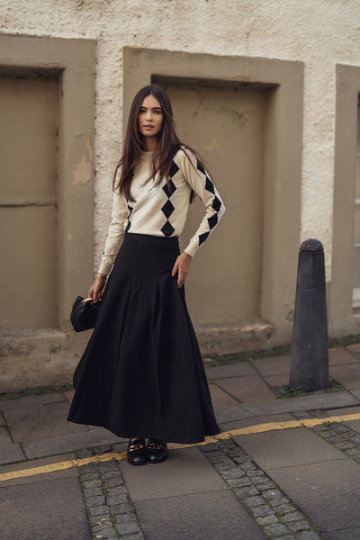 Printed Sweater-Cream with Black Diamond Design-0