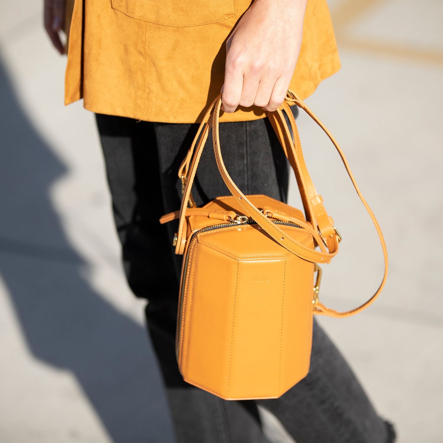 SUSU Leather Bucket Bag  Small Crossbody Orange Purse Women's Handbag